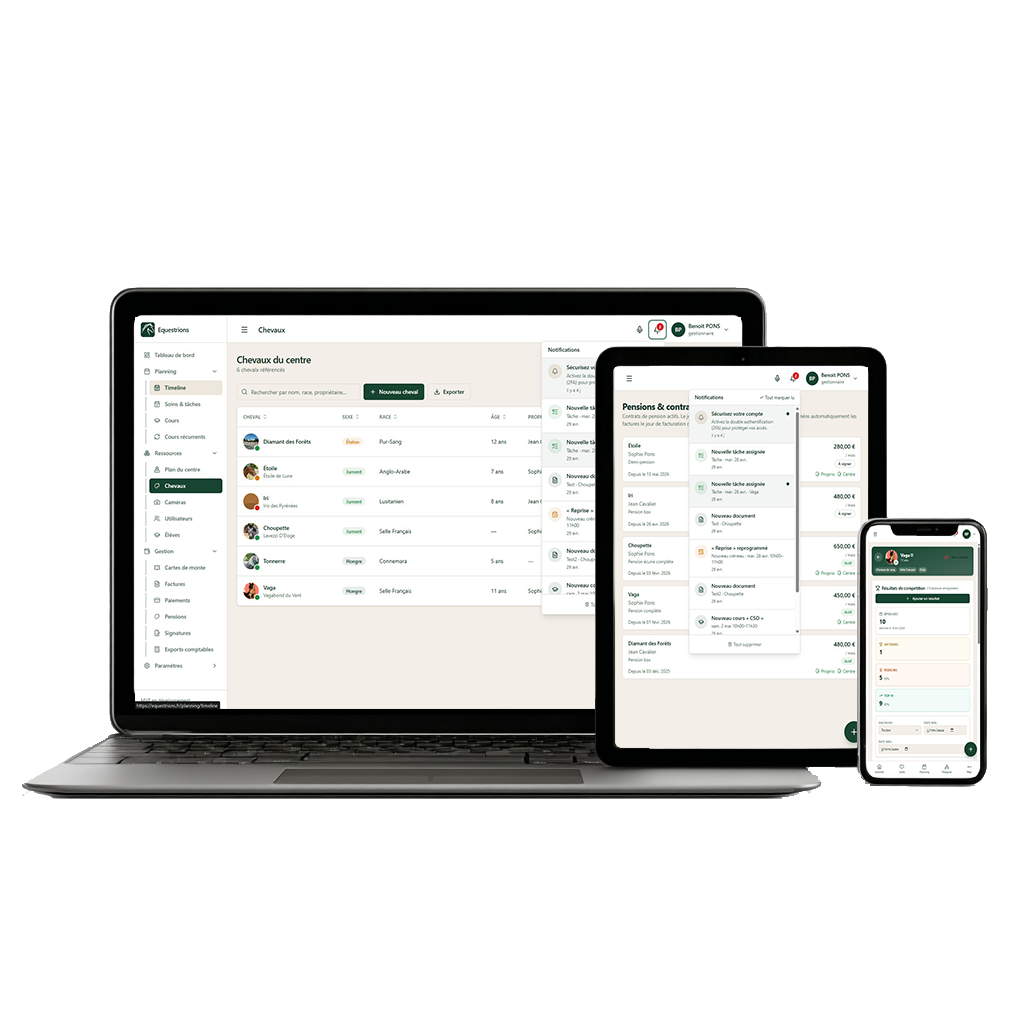 L'application Equestrions sur ordinateur portable, tablette et smartphone — gestion des chevaux, pensions et fiches cavaliers