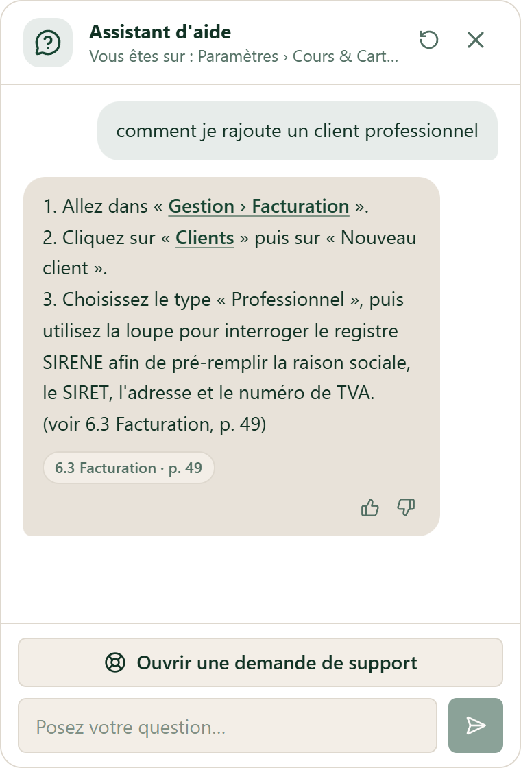 Le panneau de l'assistant d'aide d'Equestrions : à la question « comment je rajoute un client professionnel », il répond en trois étapes, avec les écrans en liens et la citation « 6.3 Facturation · p. 49 » du manuel