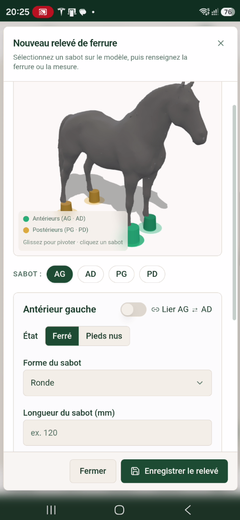 Relevé de ferrure sur un modèle 3D du cheval