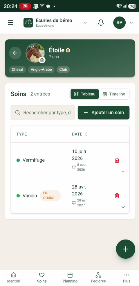 Carnet de soins d'un cheval dans l'application mobile Equestrions