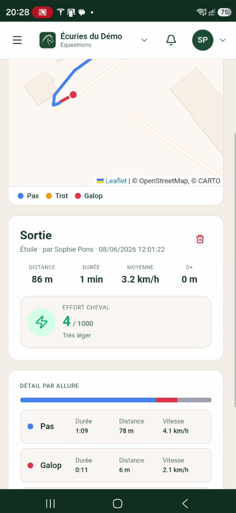 Détail d'une sortie GPS : carte, allures et effort du cheval