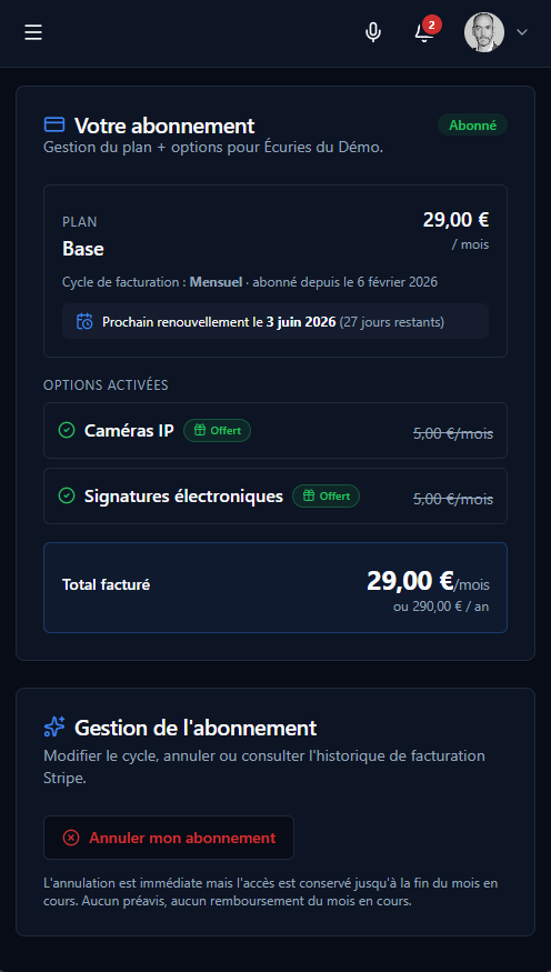 Aperçu du thème Blue — Dark de l'application Equestrions